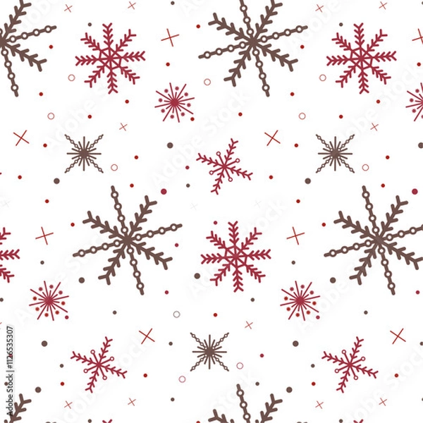 Fototapeta Seamless pattern of red and brown snowflakes in various different shapes on white backgrround for Chistmas, New Year, posters, greeting cards, packaging, wrapping papers