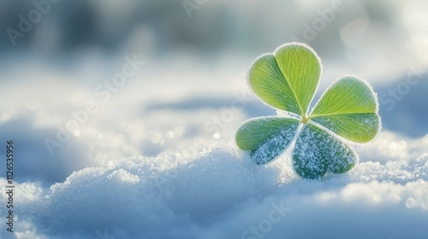 Fototapeta Four Clover with snow in winter season, Lucky clover leaves with four leaf,Clover flowers background,Patricks day,Spring flower pattern,St. Patrick s day seamless pattern,copy space.