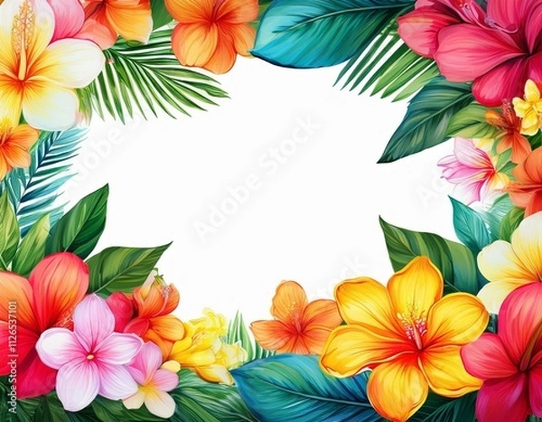 Fototapeta bright vivid tropical hawaiian summer flowers frame border with transparent white background
