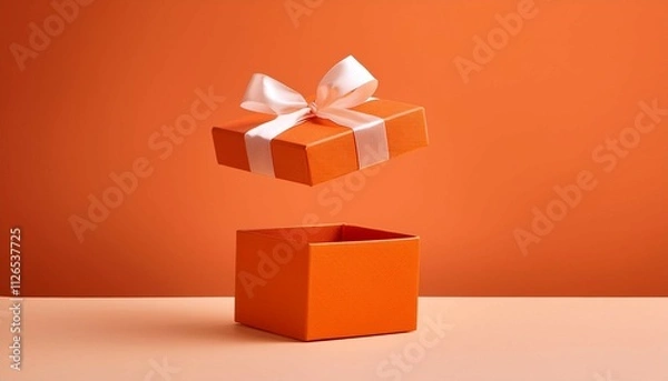 Fototapeta open orange gift box with ribbon floats above its base creating sense of surprise and anticipation minimalist design highlights vibrant color and elegant presentation