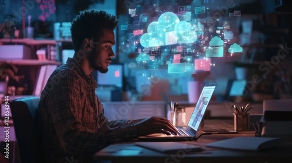 Obraz Man Typing Comfortably in Casual Setting with Digital Cloud Graphics