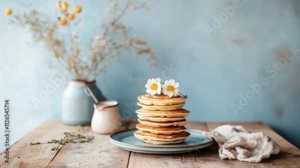Obraz A breakfast scene with a clean stack of pancakes, styled against a calming pastel blue backdrop.
