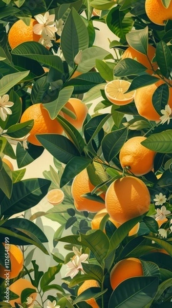 Obraz Digital illustration of lush orange trees with varying fruit counts showcased. Detail includes sliced oranges against a vibrant backdrop, conveying an inviting orange grove setting.