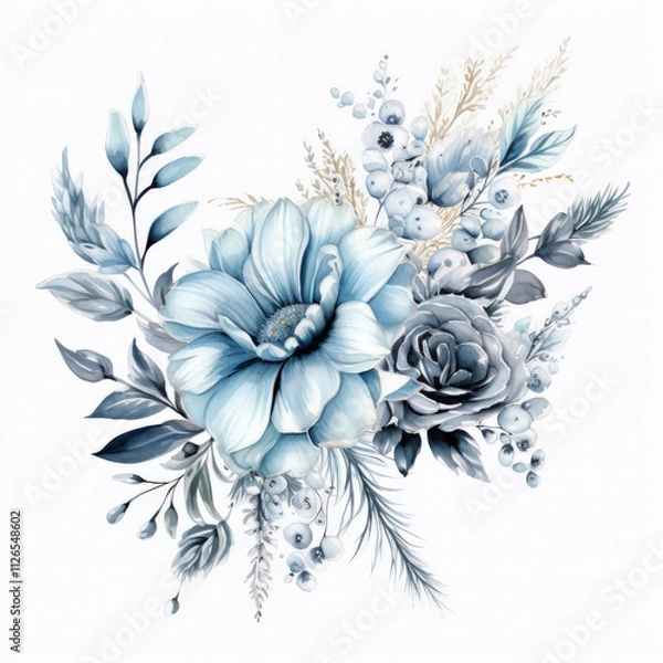 Fototapeta Elegant Blue Floral Arrangement with Soft Petals and Greenery in Shades of Blue and Gray for Stylish Design and Decoration