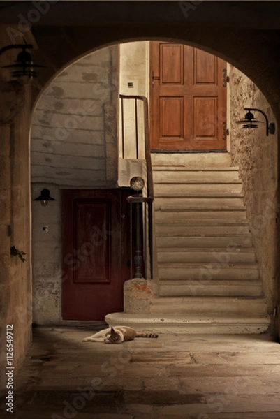 Fototapeta Ancienne maison de pierre d'un village médiéval du Sud de la France. Hall d'entrée vouté avec arche de pierre du moyen-âge. Chat dormant paisiblement au pied de l'escalier qui mène à une porte en bois