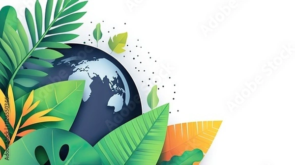 Fototapeta A vibrant world map bordered by greenery, blending geography and nature in a sustainability theme.