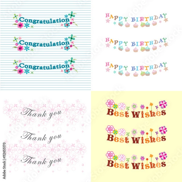 Obraz Wording design for favor tags such as Congratulation, Happy Birthday, Thank you and Best wish.