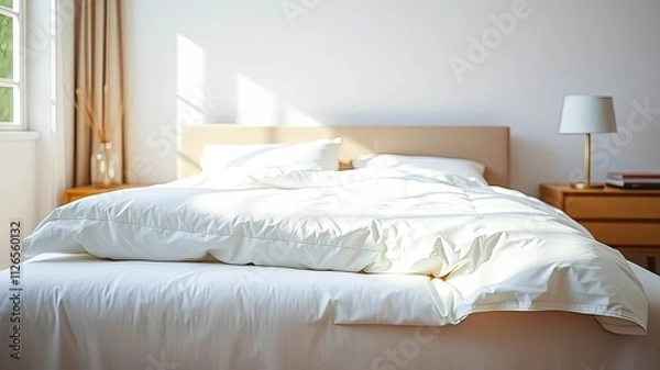 Obraz Sunlight illuminating a neatly made bed with crisp white bedding and pillows in a minimalist bedroom