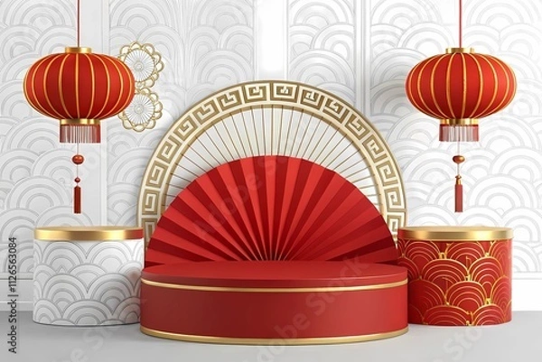 Fototapeta Festive Red and Gold Decorations With Intricate Lanterns and Fans Set the Stage for a Vibrant Chinese New Year Celebration