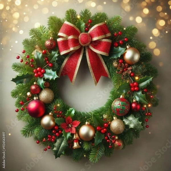 Fototapeta A festive Christmas wreath made of lush green pine branches decorated with red and gold ornaments, holly leaves, and a large red bow at the top. ai