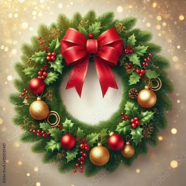 Fototapeta A festive Christmas wreath made of lush green pine branches decorated with red and gold ornaments, holly leaves, and a large red bow at the top. ai