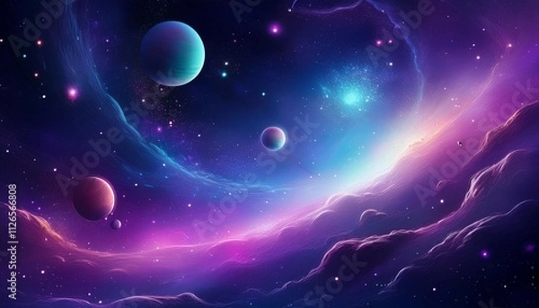Obraz abstract galaxy with small floating planets in a serene bluish purple nebula creating a calm space scene