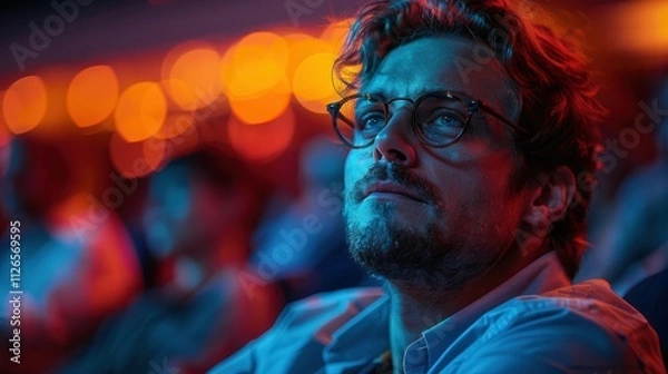 Fototapeta Engaging audience member lost in thought during an immersive evening experience. Generative AI