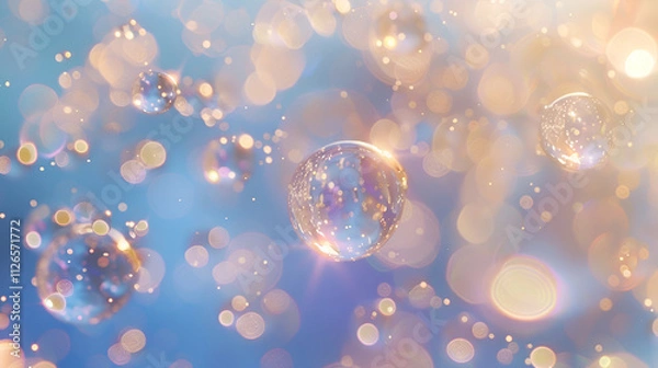 Fototapeta  a serene, dreamy scene with floating transparent bubbles against a soft blue background The bubbles are detailed with reflections and hints of gold, and the backdrop includes a bokeh effect 