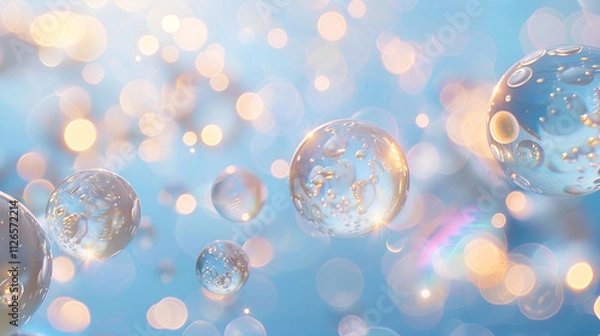 Fototapeta  a serene, dreamy scene with floating transparent bubbles against a soft blue background The bubbles are detailed with reflections and hints of gold, and the backdrop includes a bokeh effect 