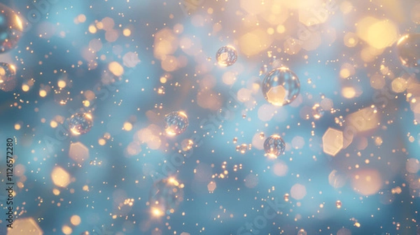 Fototapeta  a serene, dreamy scene with floating transparent bubbles against a soft blue background The bubbles are detailed with reflections and hints of gold, and the backdrop includes a bokeh effect 