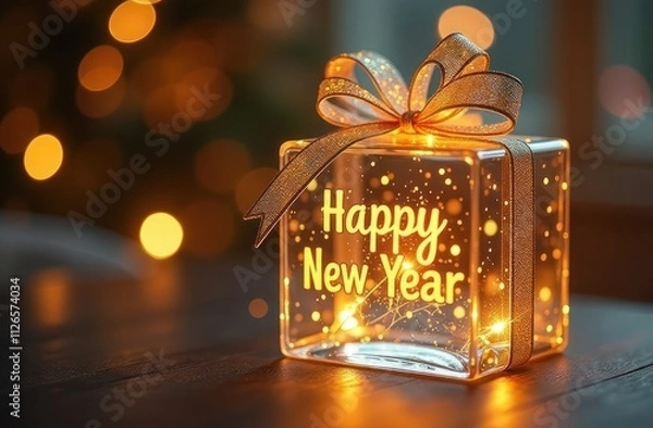 Fototapeta Square glass transparent gift, tied with a ribbon, in colors Mocha Mousse, bokeh background, on the gift there is an inscription in glowing gold letters Happy New Year
