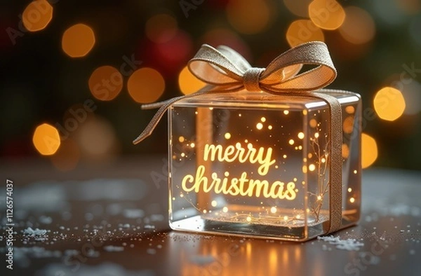 Fototapeta Square glass transparent gift, tied with a ribbon, in colors Mocha Mousse, bokeh background, on the gift there is an inscription in glowing gold letters Merry Christmas
