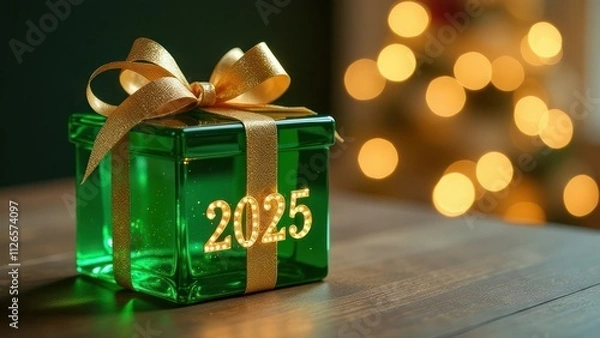 Fototapeta Square glass transparent gift, green, tied with a ribbon, bokeh background, on the gift there is an inscription with glowing numbers 2025