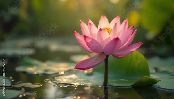 Fototapeta wallpapers A stunning pink lotus flower blooms gracefully on serene water, surrounded by lush green leaves, captured in soft light. AI generated