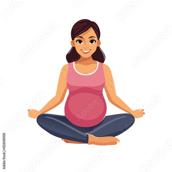Obraz A serene, pregnant woman gracefully performs a gentle yoga pose on a soft mat in a bright, calming space, her body moving slowly and purposefully as she connects deeply with her breath