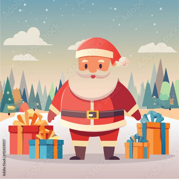Obraz Santa, dressed in his red suit, carries a sack overflowing with colorful gifts, smiling as he prepares to deliver joy and festive cheer to children around the world on a magical Christmas Eve night.