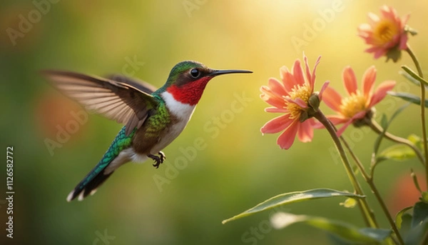 Fototapeta wallpapers A vibrant hummingbird is seen hovering gracefully near beautiful flowers, showcasing its colorful plumage and delicate wings in a natural setting. AI generated