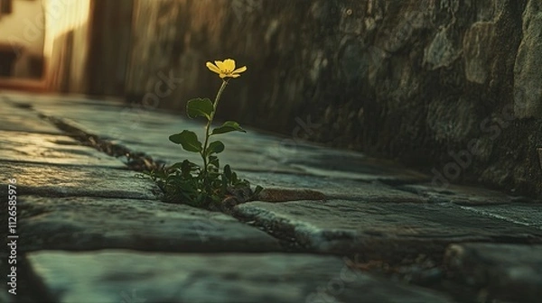 Obraz A small flower growing through cracks in a concrete sidewalk, symbolizing resilience and hope in difficult situations.