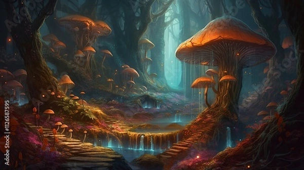 Obraz Enchanting Forest Pathway With Giant Mushrooms And Waterfalls