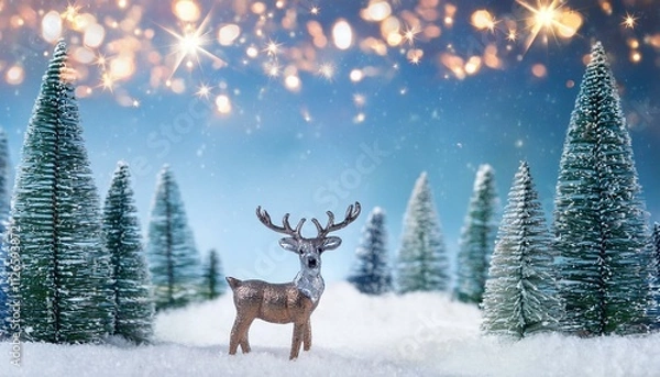 Obraz Generated imageChristmas banner with magical scene of a reindeer in center in snowy forest with Christmas trees with lights and stars with copy space