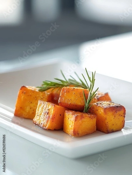 Fototapeta A plate of roasted cubed squash garnished with a sprig of rosemary.