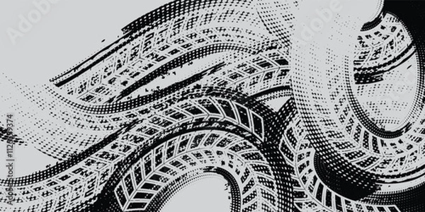 Fototapeta Drift background monochrome with texture wheel marks and drift in skidding, rounded tire marks. Vector isolated texture.