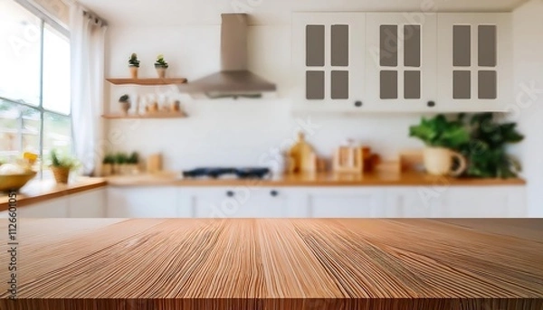 Fototapeta Modern kitchen interior with table and wooden design featuring elegant furniture and spacious hardwood floors in a contemporary living space