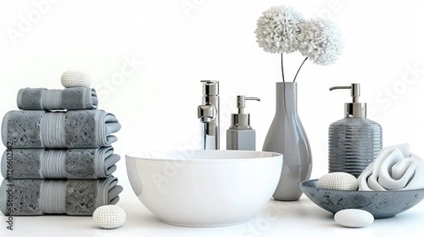 Fototapeta A elegant bathroom accessories set, isolated on a white background