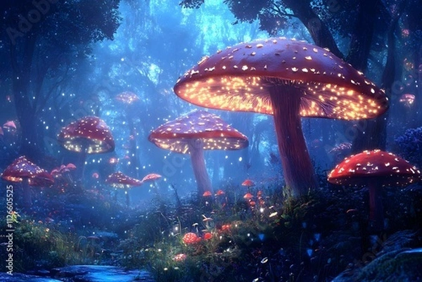 Fototapeta Mushrooms glowing in a magical forest during twilight with sparkling lights