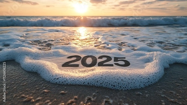Fototapeta A serene beach scene showcasing the year 2025 written in the sand, surrounded by foamy waves under a stunning sunset, representing hope and new beginnings.
