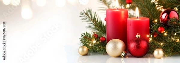 Fototapeta Christmas background with a red candle, snow, and decorations on a light grey background with copy space for text. Christmas card design template