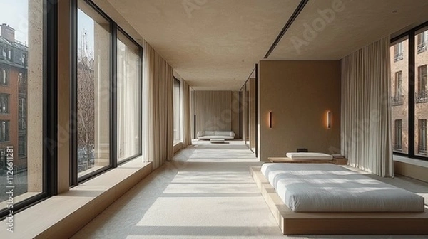 Fototapeta A serene minimalist bedroom showcasing neutral tones and large windows, highlighting the spacious and clutter-free ambiance, ideal for relaxation.