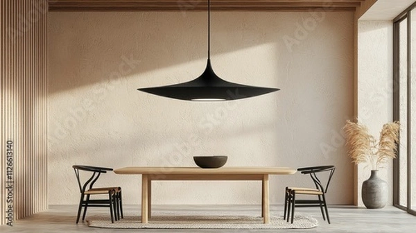 Fototapeta A modern dining area showcasing a sleek black pendant light, wooden table, and chairs, emphasizing minimalistic style and neutral colors.