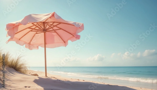 Fototapeta wallpapers A serene view of a pink beach umbrella by the shore, perfect for relaxation and summer vibes. AI generated.