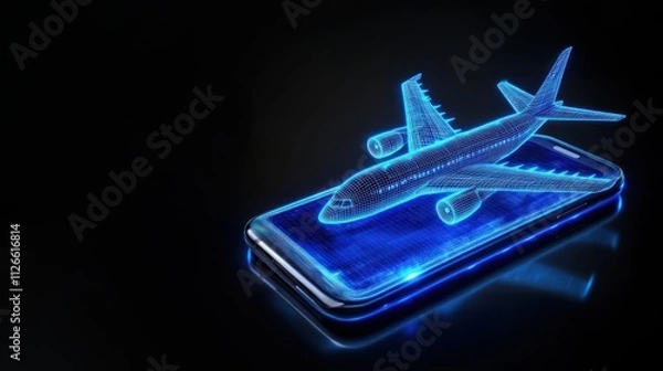 Fototapeta 3d render of airplane on smartphone with glowing hologram wireframe, concept of flight cancellations, airport delays, and travel disruptions