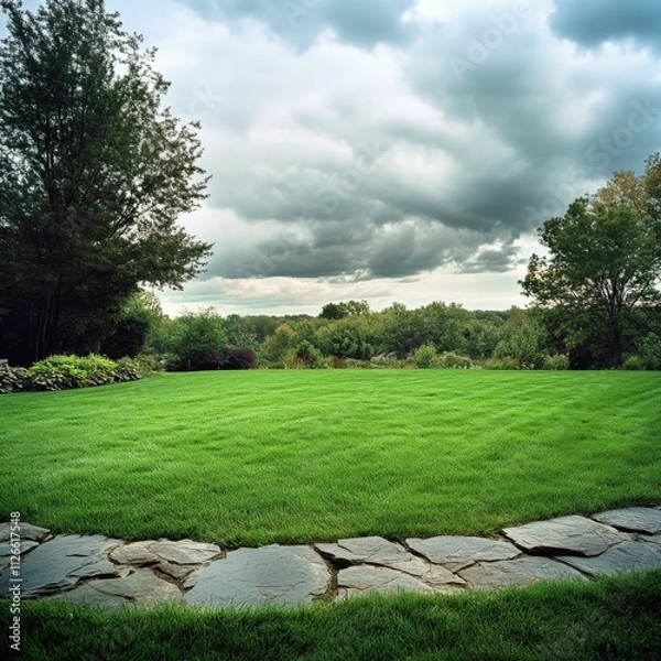 Obraz lush green lawn with stone pathway under cloudy sky