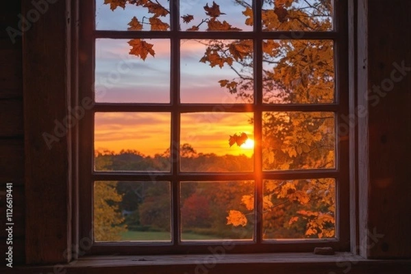 Fototapeta autumn sunset view through a window