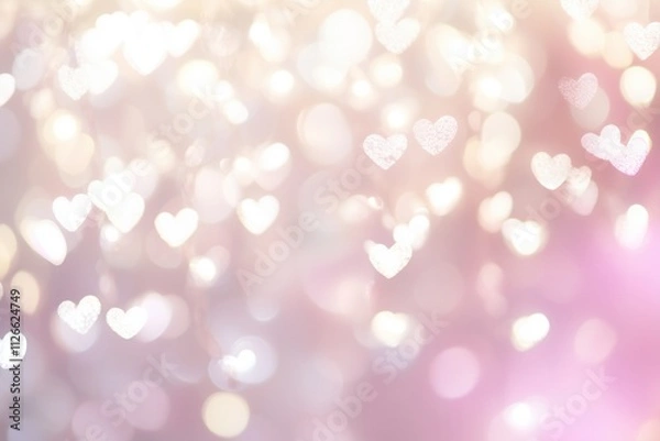 Fototapeta Texture of bright lights in shape of hearts. Pastel rose and gold abstract background with bokeh light effect for wallpapers and designs.