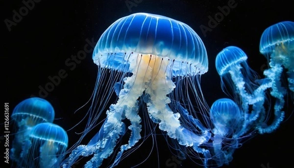 Fototapeta Stunning Blue Jellyfish Captured in Its Natural Habitat: A Mesmerizing Display of Bioluminescence and Graceful Movement Underwater