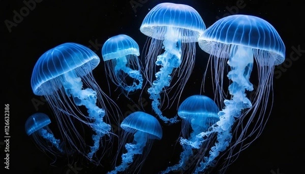 Fototapeta Stunning Blue Jellyfish Captured in its Natural Habitat - A Mesmerizing Display of Natures Beauty and Marine Life, Showcasing the Intricate Details of the Jellyfishs Ethereal Glow and