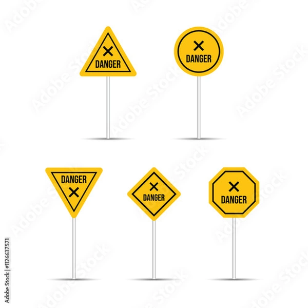 Fototapeta Realistic yellow danger road signs are isolated on a white background. Multiple shaped highway billboard design. Danger sign and icon collection. Five different shapes of cross icons.