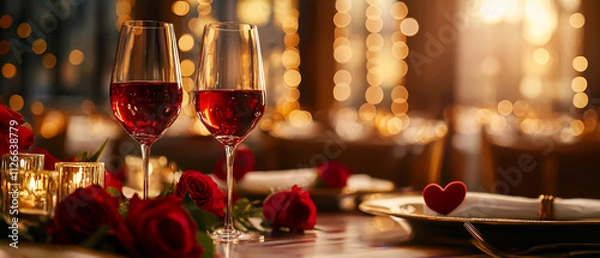Fototapeta Romantic Valentine's dinner with red wine with bokeh light in the background.