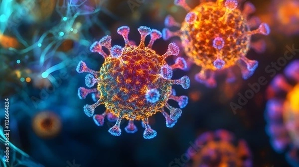 Fototapeta Microscopic virus cells glow like bioluminescent creatures, their intricate surfaces rippling with vibrant colors and geometric shapes.