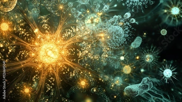 Fototapeta Glowing virus cells morph into crystalline structures, their surfaces etched with intricate, radiant patterns under the microscope.